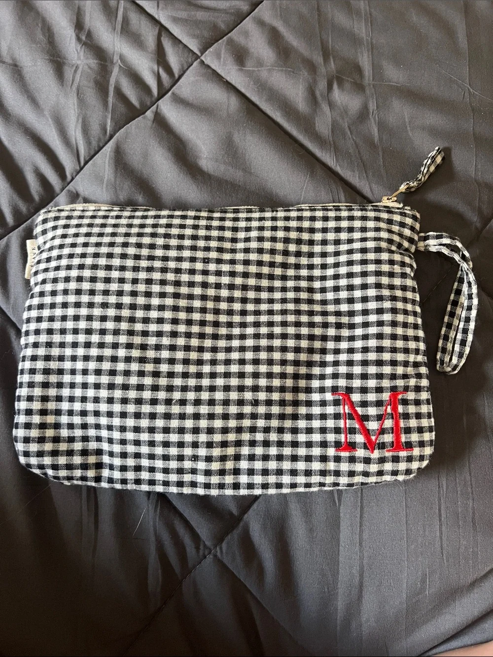 Sezane Monogrammed Black & White Gingham Pouch with Red 'M' Accent